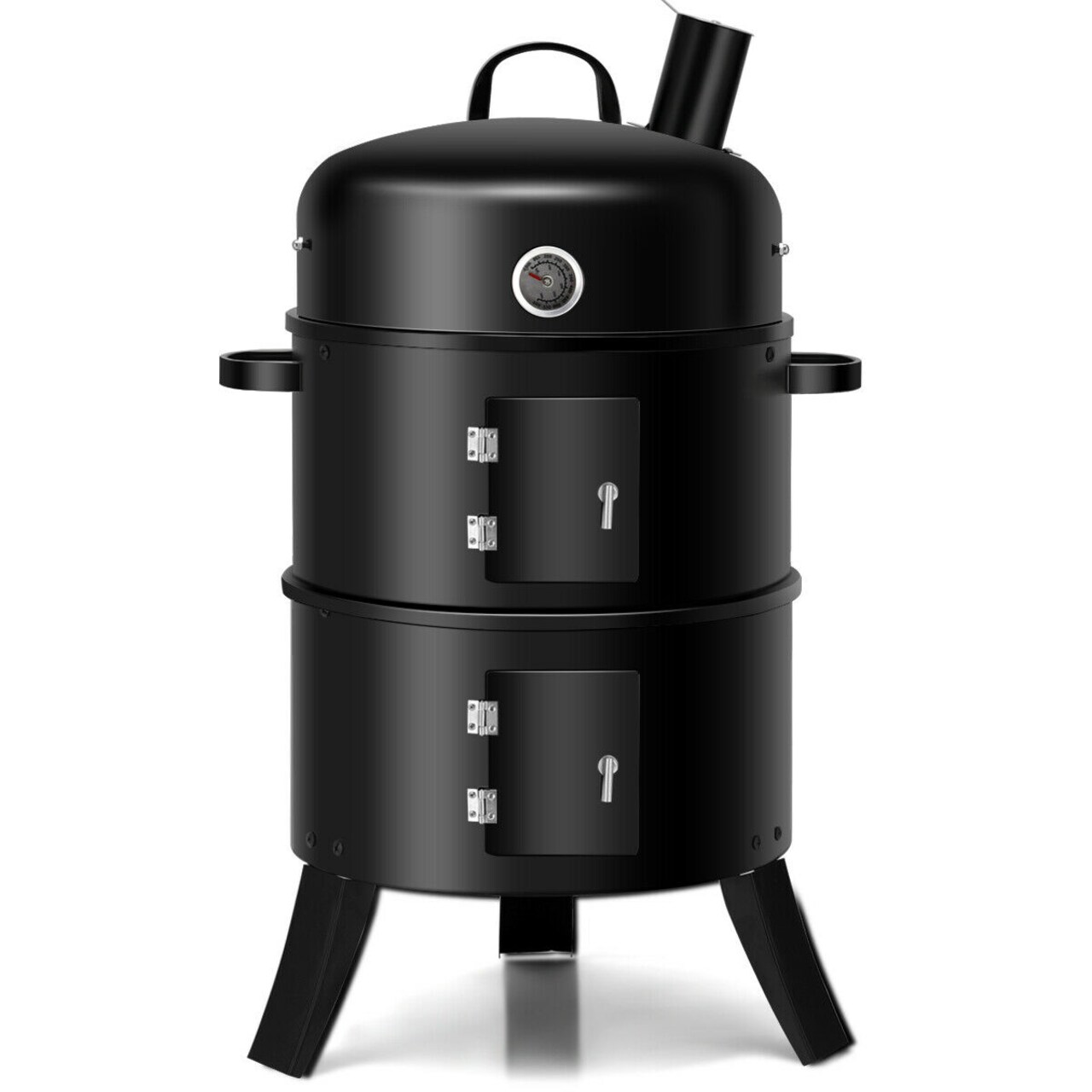 Black Iron Charcoal BBQ Smoker Grill 3-in-1 with Thermometer and Vents